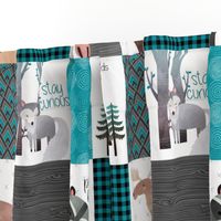 Woodland Critters Patchwork Quilt - Bear Moose Fox Raccoon Wolf, Teal, Black & Gray Design GingerLous