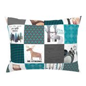 Woodland Critters Patchwork Quilt - Bear Moose Fox Raccoon Wolf, Teal, Black & Gray Design GingerLous