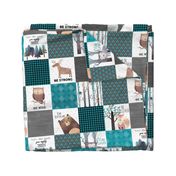 Woodland Critters Patchwork Quilt - Bear Moose Fox Raccoon Wolf, Teal, Black & Gray Design GingerLous