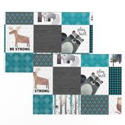 Woodland Critters Patchwork Quilt - Bear Moose Fox Raccoon Wolf, Teal, Black & Gray Design GingerLous