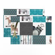 Woodland Critters Patchwork Quilt - Bear Moose Fox Raccoon Wolf, Teal, Black & Gray Design GingerLous