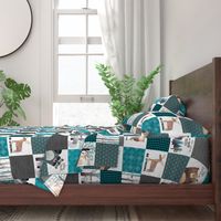 Woodland Critters Patchwork Quilt - Bear Moose Fox Raccoon Wolf, Teal, Black & Gray Design GingerLous