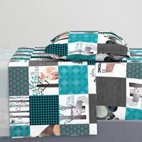 Woodland Critters Patchwork Quilt - Bear Moose Fox Raccoon Wolf, Teal, Black & Gray Design GingerLous