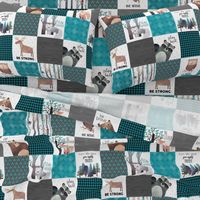 Woodland Critters Patchwork Quilt - Bear Moose Fox Raccoon Wolf, Teal, Black & Gray Design GingerLous