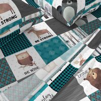 Woodland Critters Patchwork Quilt - Bear Moose Fox Raccoon Wolf, Teal, Black & Gray Design GingerLous