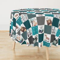 Woodland Critters Patchwork Quilt - Bear Moose Fox Raccoon Wolf, Teal, Black & Gray Design GingerLous