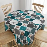 Woodland Critters Patchwork Quilt - Bear Moose Fox Raccoon Wolf, Teal, Black & Gray Design GingerLous