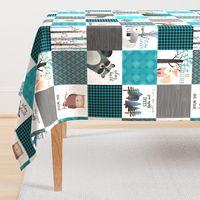 Woodland Critters Patchwork Quilt - Bear Moose Fox Raccoon Wolf, Teal, Black & Gray Design GingerLous