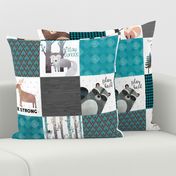 Woodland Critters Patchwork Quilt - Bear Moose Fox Raccoon Wolf, Teal, Black & Gray Design GingerLous