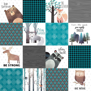 Woodland Critters Patchwork Quilt - Bear Moose Fox Raccoon Wolf, Teal, Black & Gray Design GingerLous