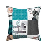 Woodland Critters Patchwork Quilt ROTATED - Bear Moose Fox Raccoon Wolf, Teal, Black & Gray Design GingerLous