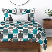 Woodland Critters Patchwork Quilt ROTATED - Bear Moose Fox Raccoon Wolf, Teal, Black & Gray Design GingerLous