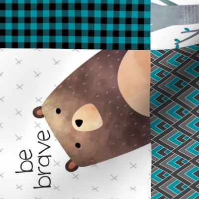 Woodland Critters Patchwork Quilt ROTATED - Bear Moose Fox Raccoon Wolf, Teal, Black & Gray Design GingerLous