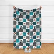 Woodland Critters Patchwork Quilt ROTATED - Bear Moose Fox Raccoon Wolf, Teal, Black & Gray Design GingerLous