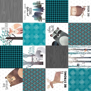 Woodland Critters Patchwork Quilt ROTATED - Bear Moose Fox Raccoon Wolf, Teal, Black & Gray Design GingerLous