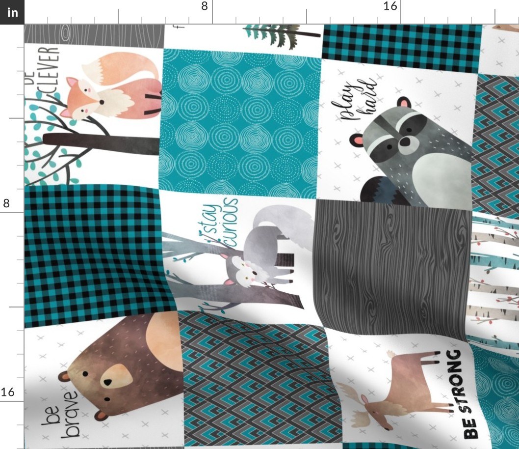 Woodland Critters Patchwork Quilt ROTATED - Bear Moose Fox Raccoon Wolf, Teal, Black & Gray Design GingerLous