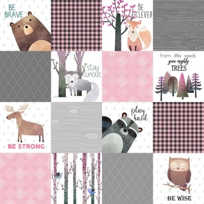 4.5" BLOCKS Woodland Critters Patchwork Quilt - Bear Moose Fox Raccoon Wolf, Gray & Pink Design GingerLous