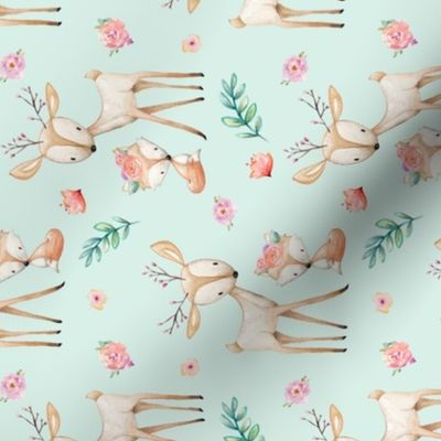 Sweet Deer & Fox (soft mint) ROTATED - Woodland Animals Flowers Baby Girl Nursery Bedding
