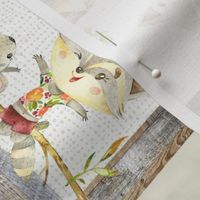 Woodland Adventure Patchwork Quilt (rotated) - Moose Fox Deer Bear Hedgehog Squirrel Raccoon - Grey + Cream Blanket Design