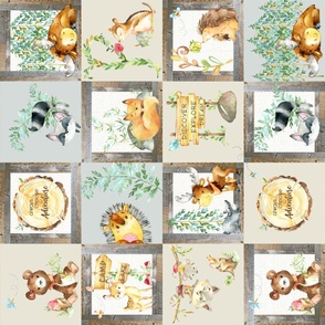 Woodland Adventure Patchwork Quilt (rotated) - Moose Fox Deer Bear Hedgehog Squirrel Raccoon - Grey + Cream Blanket Design