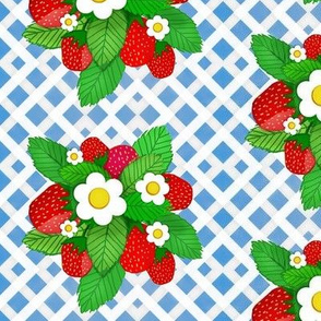 Strawberries of Summer / white lattice on blue