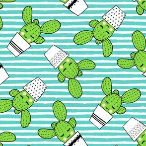 happy cactus - potted succulents - dark teal stripes