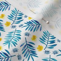 Watercolor palm leaf botanical tropical garden and blossom flowers gender neutral blue mustard XS