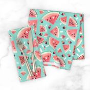 Watermelon popsicles, strawberries & chocolate // mint background delicious coral red ice cream & fruits cover with melted brown chocolate