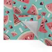 Watermelon popsicles, strawberries & chocolate // mint background delicious coral red ice cream & fruits cover with melted brown chocolate