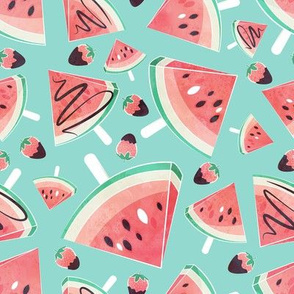 Watermelon popsicles, strawberries & chocolate // mint background delicious coral red ice cream & fruits cover with melted brown chocolate