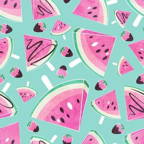 Pink watermelon popsicles, strawberries & chocolate // mint background delicious pink ice cream & fruits cover with melted brown chocolate