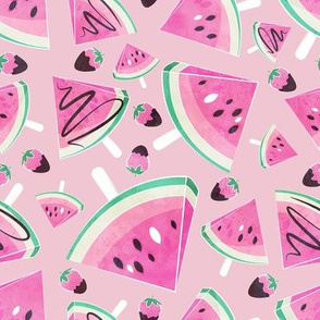 Pink watermelon popsicles, strawberries & chocolate // rose background delicious pink ice cream & fruits cover with melted brown chocolate