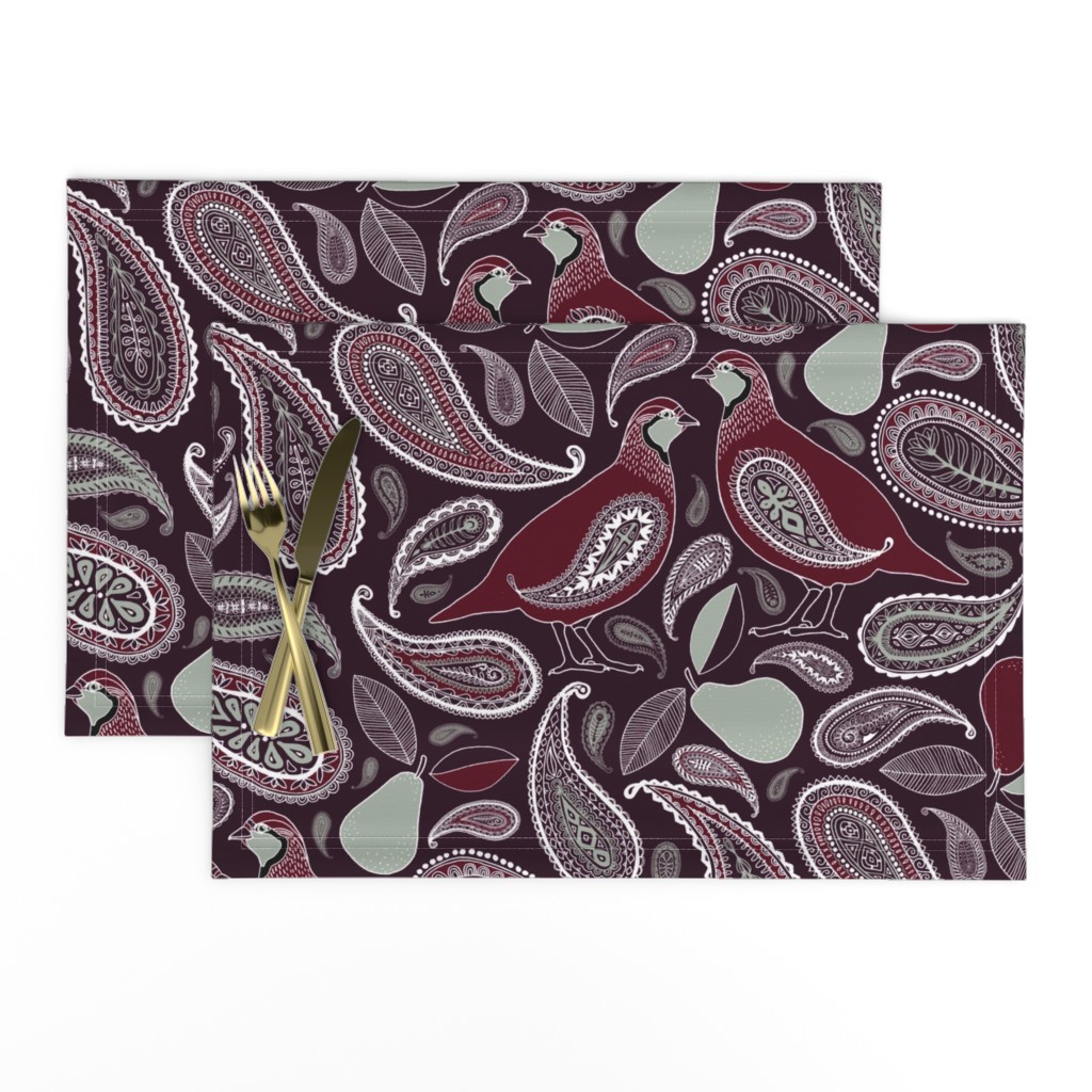 Partridge, Pear & Paisley Pattern in Burgundy & Plum - large print