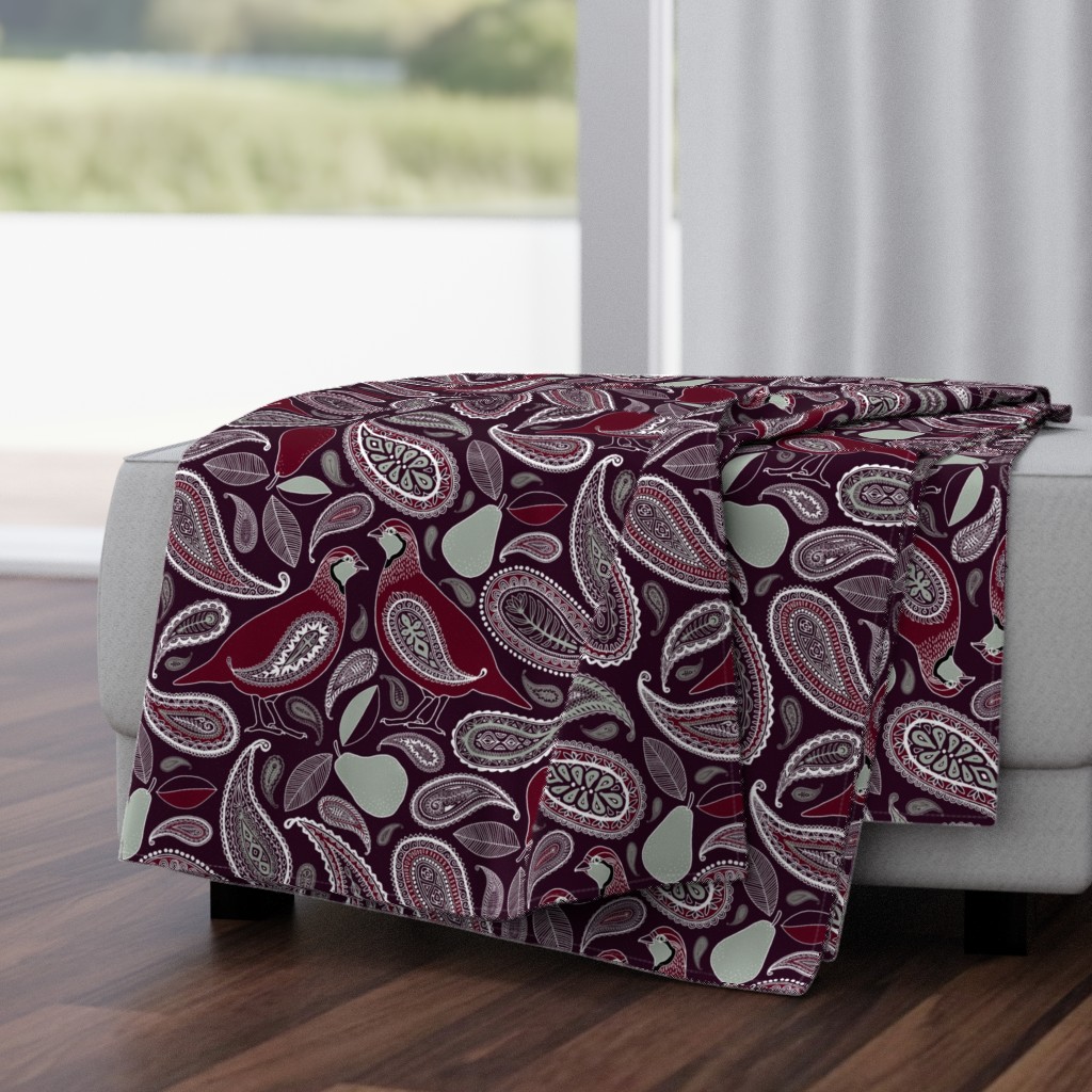 Partridge, Pear & Paisley Pattern in Burgundy & Plum - large print