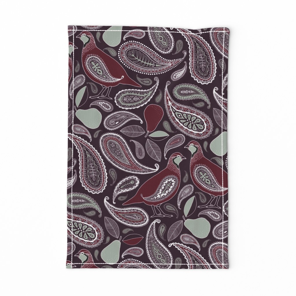 Partridge, Pear & Paisley Pattern in Burgundy & Plum - large print