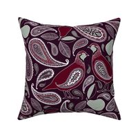 Partridge, Pear & Paisley Pattern in Burgundy & Plum - large print