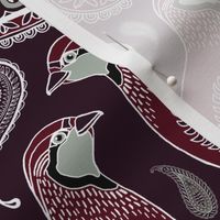 Partridge, Pear & Paisley Pattern in Burgundy & Plum - large print