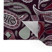 Partridge, Pear & Paisley Pattern in Burgundy & Plum - large print