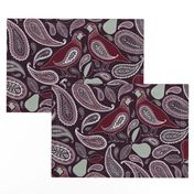 Partridge, Pear & Paisley Pattern in Burgundy & Plum - large print