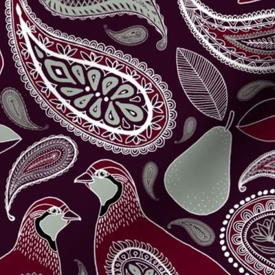 Partridge, Pear & Paisley Pattern in Burgundy & Plum - large print