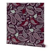 Partridge, Pear & Paisley Pattern in Burgundy & Plum - large print