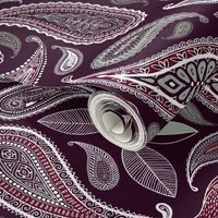 Partridge, Pear & Paisley Pattern in Burgundy & Plum - large print