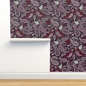 Partridge, Pear & Paisley Pattern in Burgundy & Plum - large print