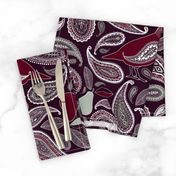 Partridge, Pear & Paisley Pattern in Burgundy & Plum - large print