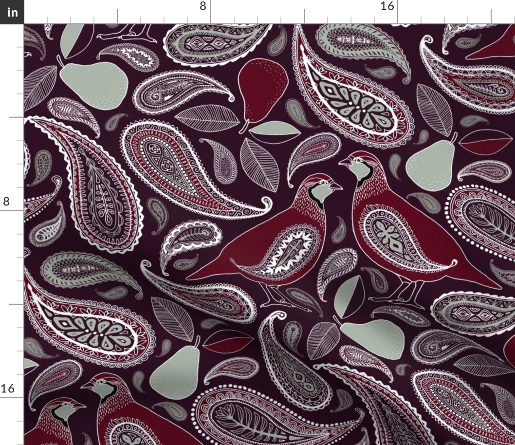 Partridge, Pear & Paisley Pattern in Burgundy & Plum - large print