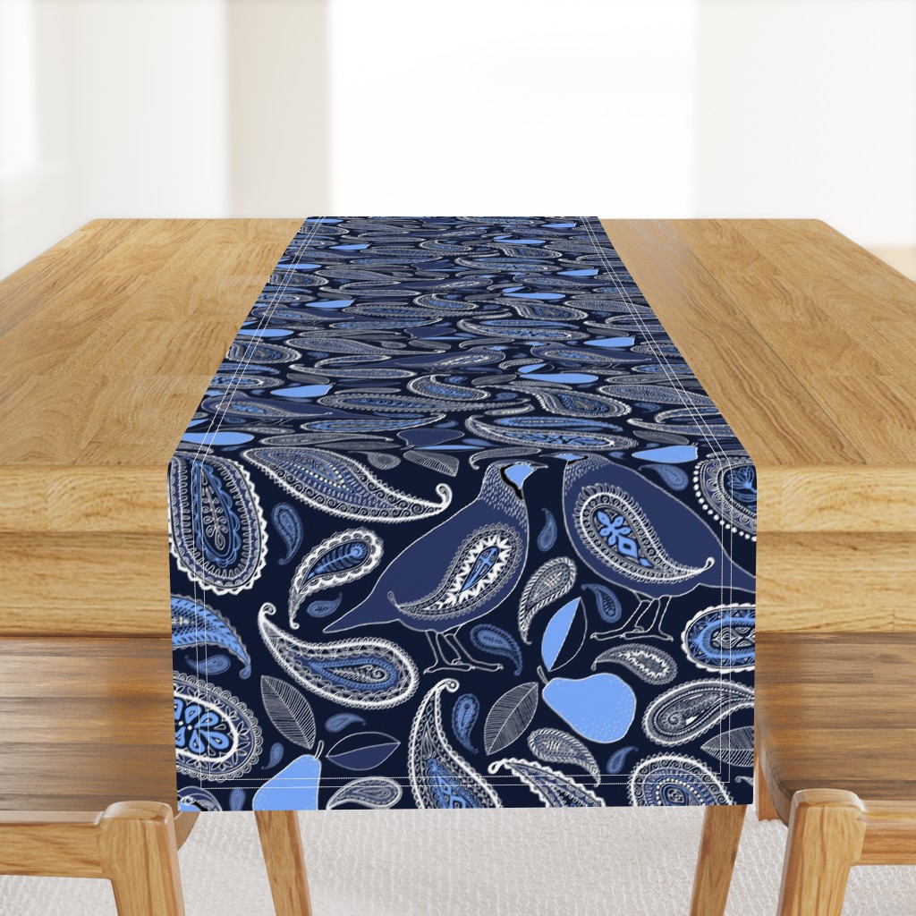 Partridge, Pear & Paisley Pattern in Blue - large print