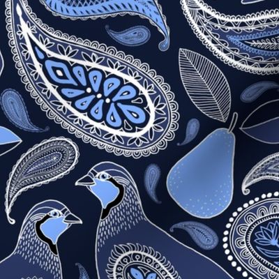 Partridge, Pear & Paisley Pattern in Blue - large print