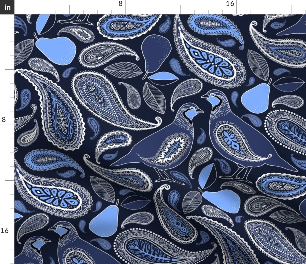 Partridge, Pear & Paisley Pattern in Blue - large print