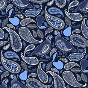 Partridge, Pear & Paisley Pattern in Blue - small print