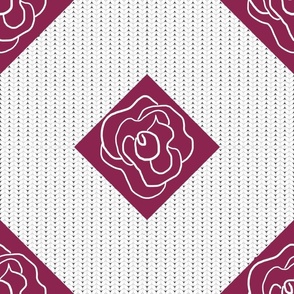 Large - Simple Line Drawing of Rose Set on a Trellis of Knit Stitches - Cranberry and  White